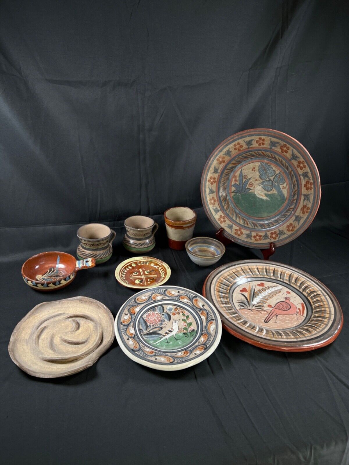 lot of 10 Handcrafted Mexican Archaeological Ceramic plates & cups vintage RARE