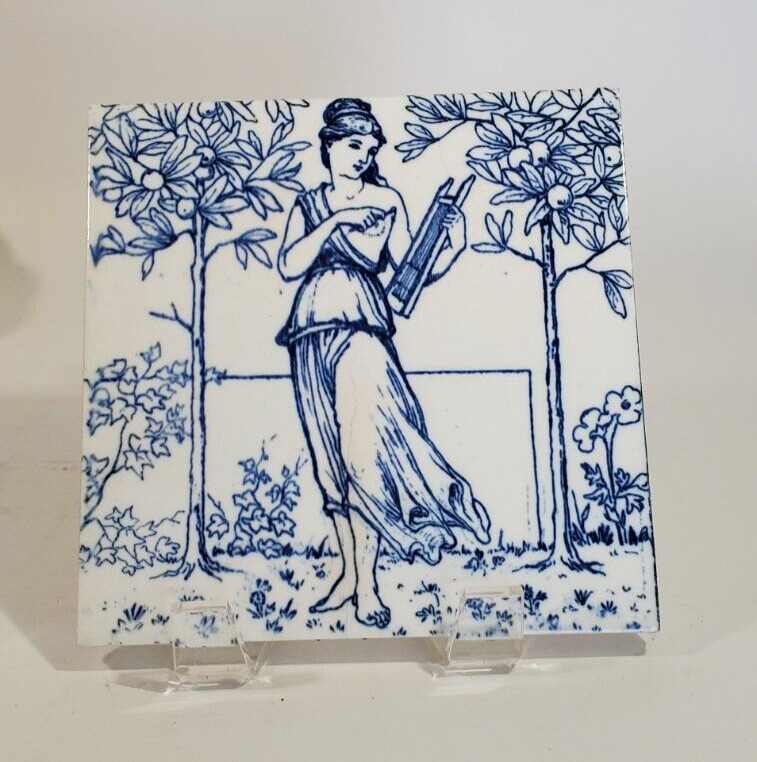 Antique Josiah Wedgwood & Sons Blue White Tile Maiden in Orange Grove