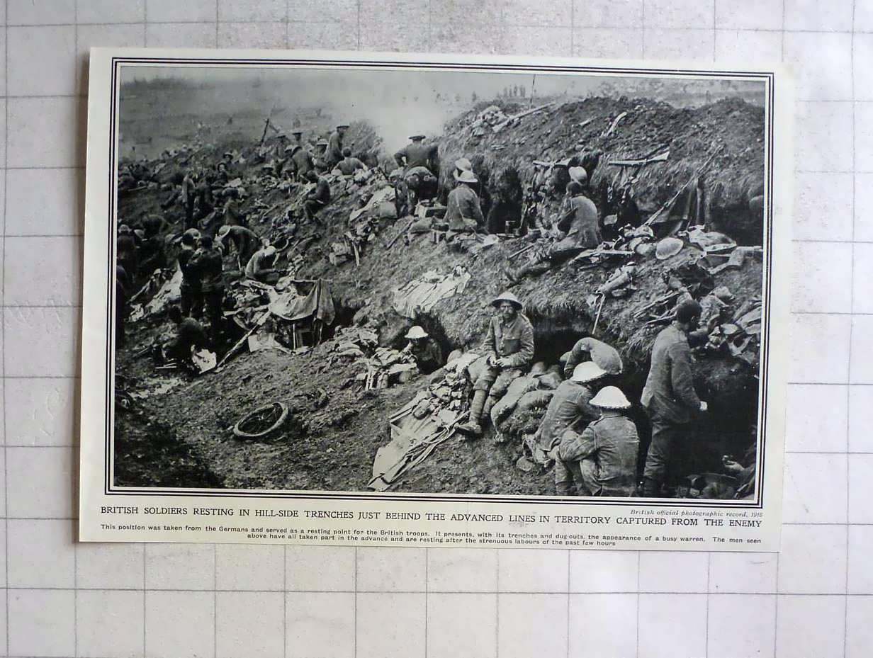 1916 British Soldiers Resting In Hillside Trenches Captured From Germans