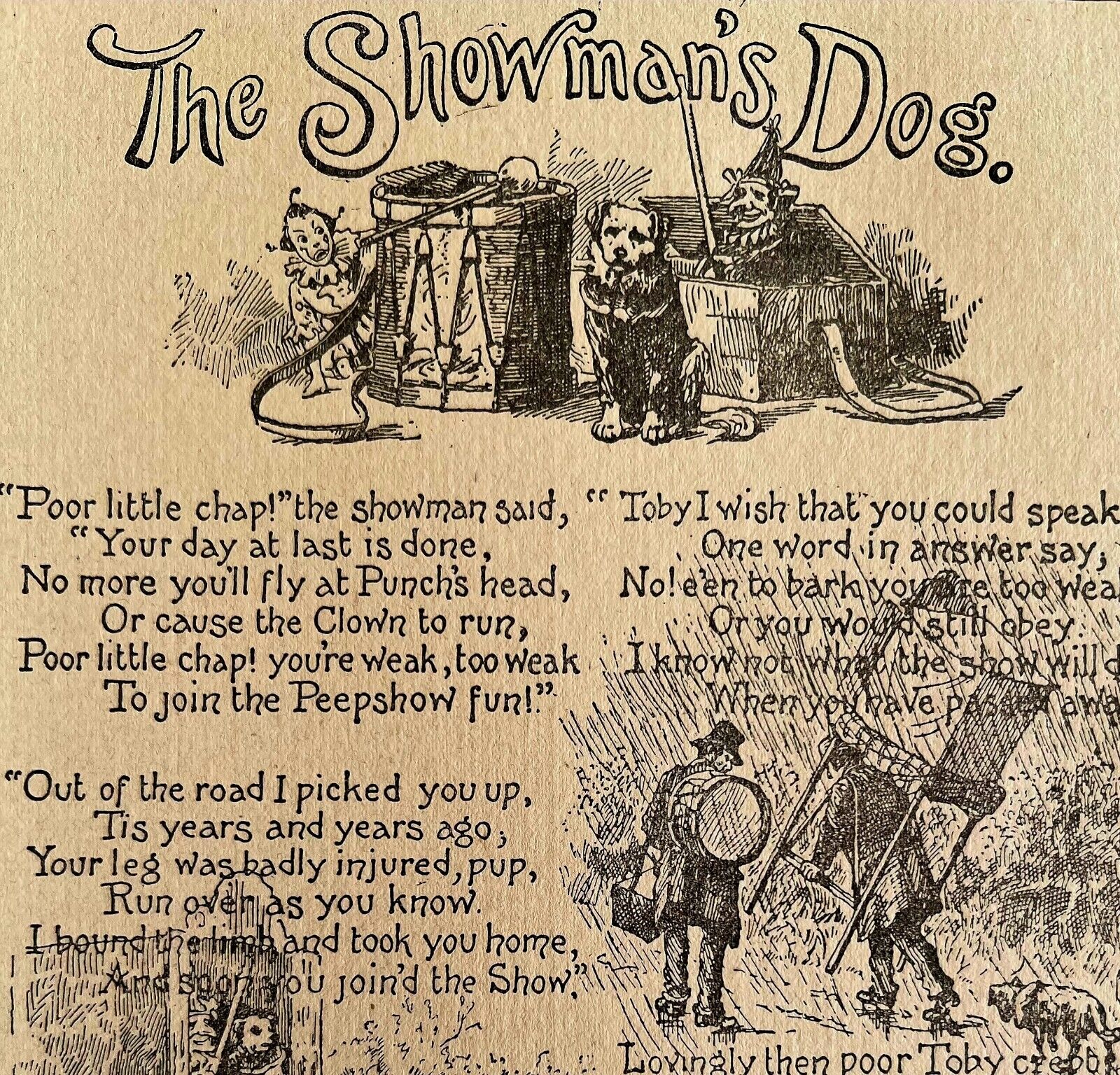 The Showmans Dog Poem 1892 Victorian Art Woodcut Printing Ephemera DWY10B