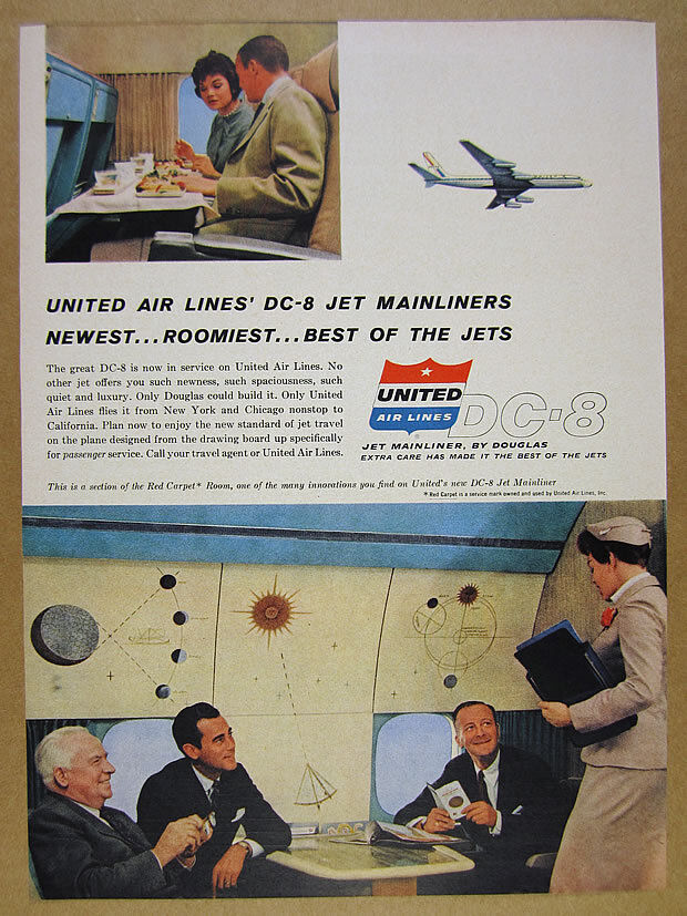 1959 United Air Lines DC-8 Red Carpet Room passengers photo vintage print Ad