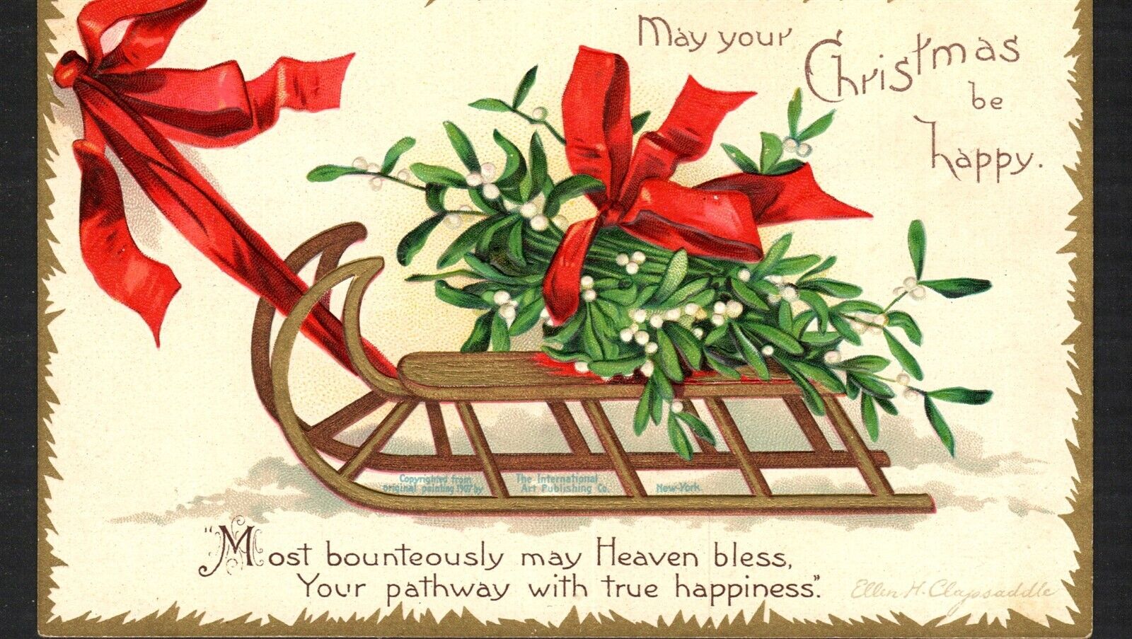 Postcard c1900 Ellen Clapsaddle Christmas Sled Ribbon Mistletoe UDB