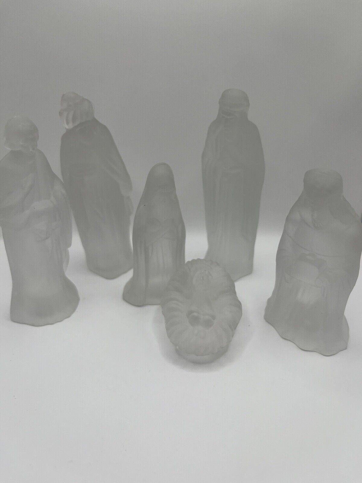 Vintage Neiman Marcus Frosted Glass Nativity Scene 6 Pc Set