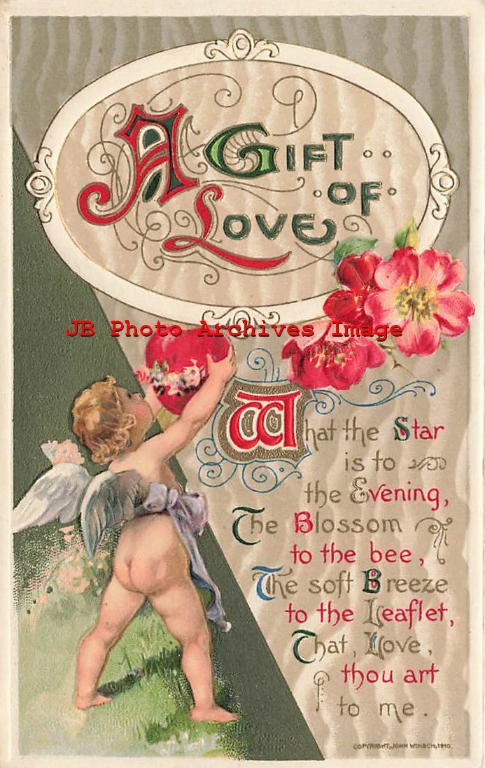 Valentine Day, Winsch 1910, Cupid with Heart, Flowers
