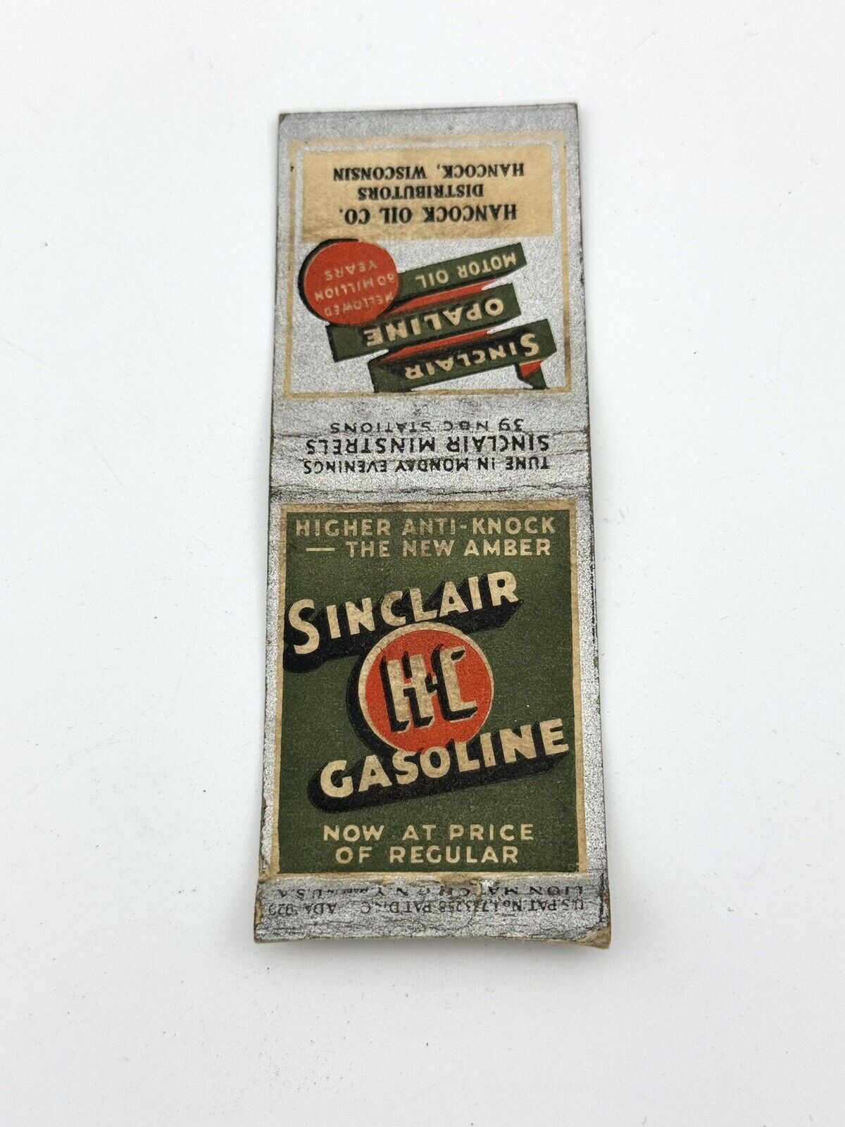 Matchbook Cover Sinclair Gasoline Hancock WI Gas Oil Auto Advertizing nascar Ad