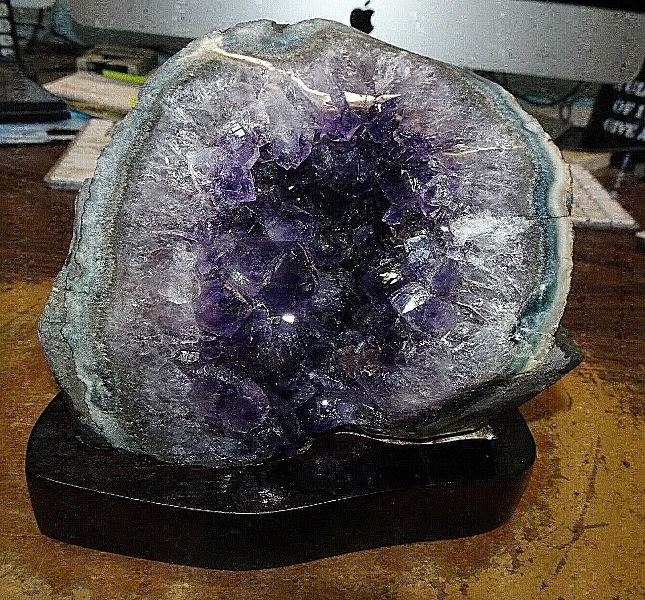LG. POLISHED URUGUAY AMETHYST  CRYSTAL  CLUSTER CATHEDRAL GEODE  STAND AGATE RIM
