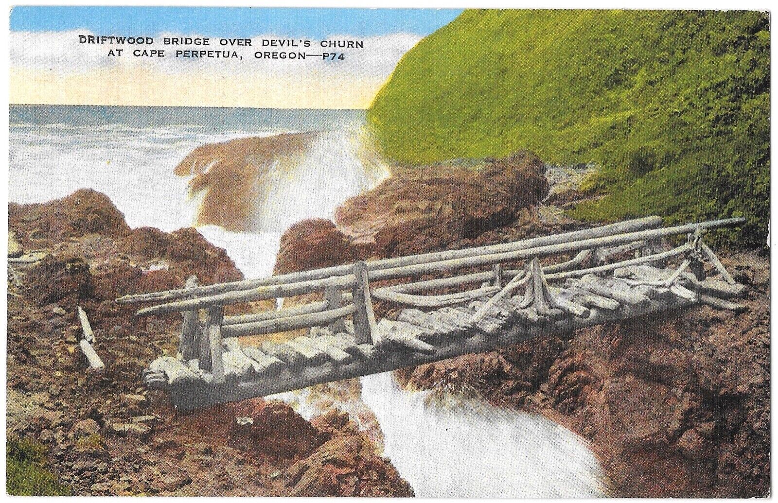 C.1930\'s Driftwood Bridge at DEVIL\'S CHURN, CAPE PERPETUA, Oregon, Tide Postcard
