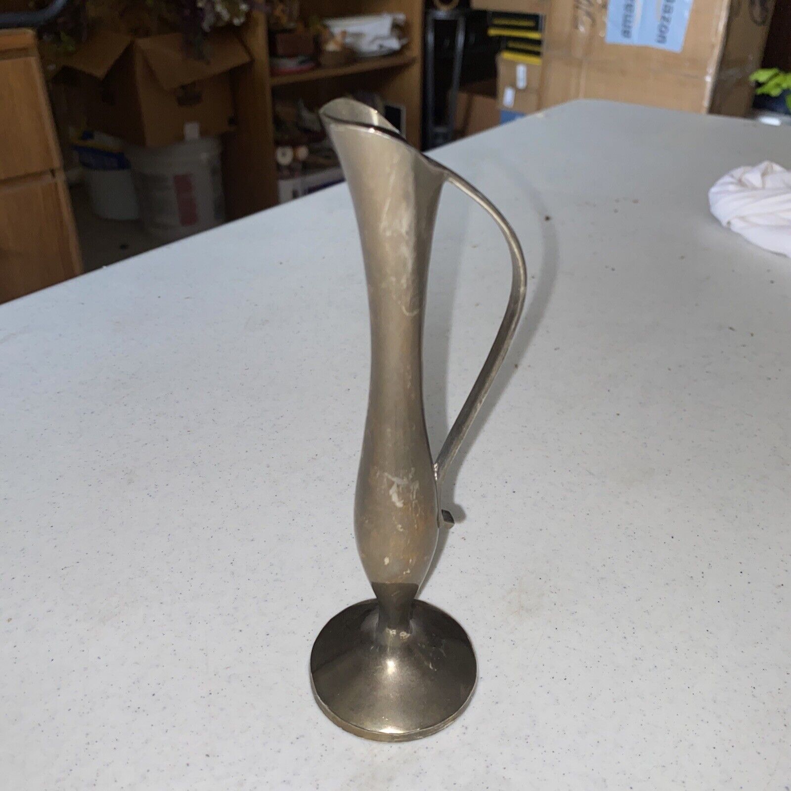 Vintage Silver Plate / Pewter Vase Decor Tone Trumpet Flower Bud Length 7”