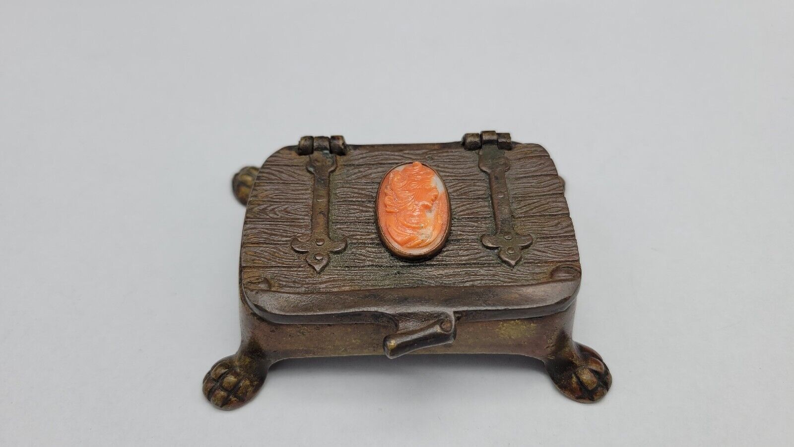 Rare Antique Bronze Footed Coral Cameo on Top Box, 3 1/4