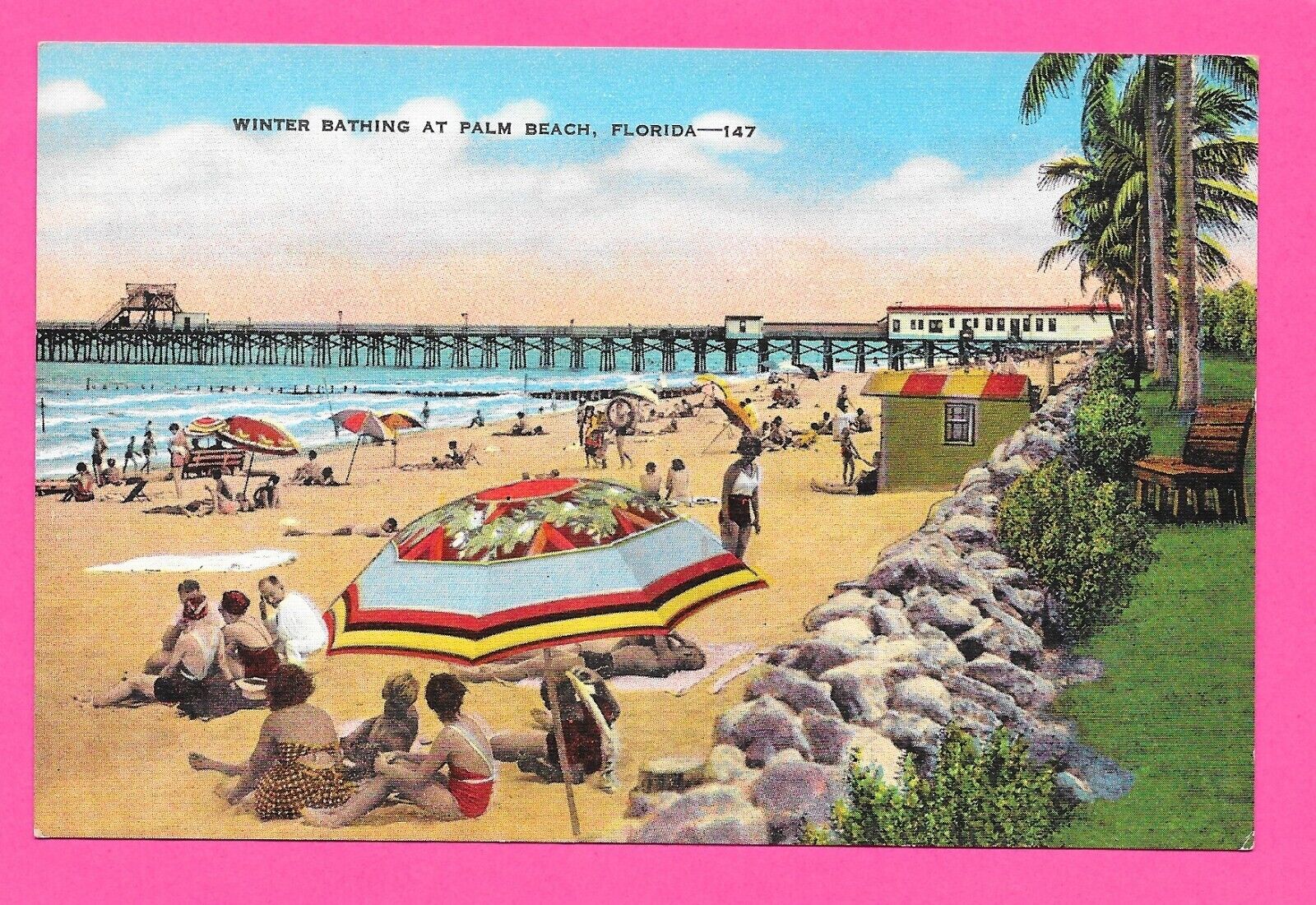 Winter Bathing at Palm Beach, Florida - Vintage Postcard