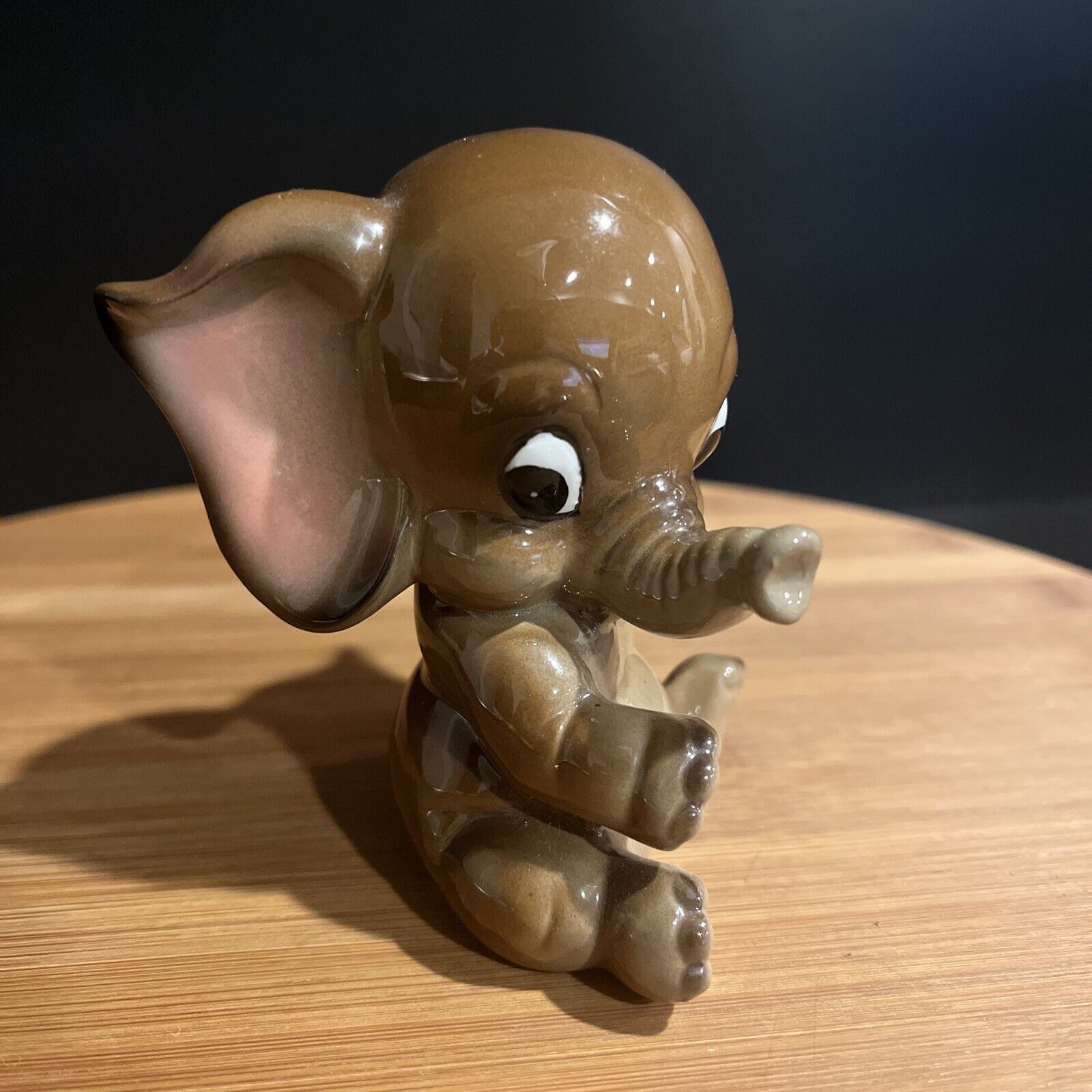 Quon Quon Japan Vintage Brown Baby Elephant Statue Glossy Ceramic Figure