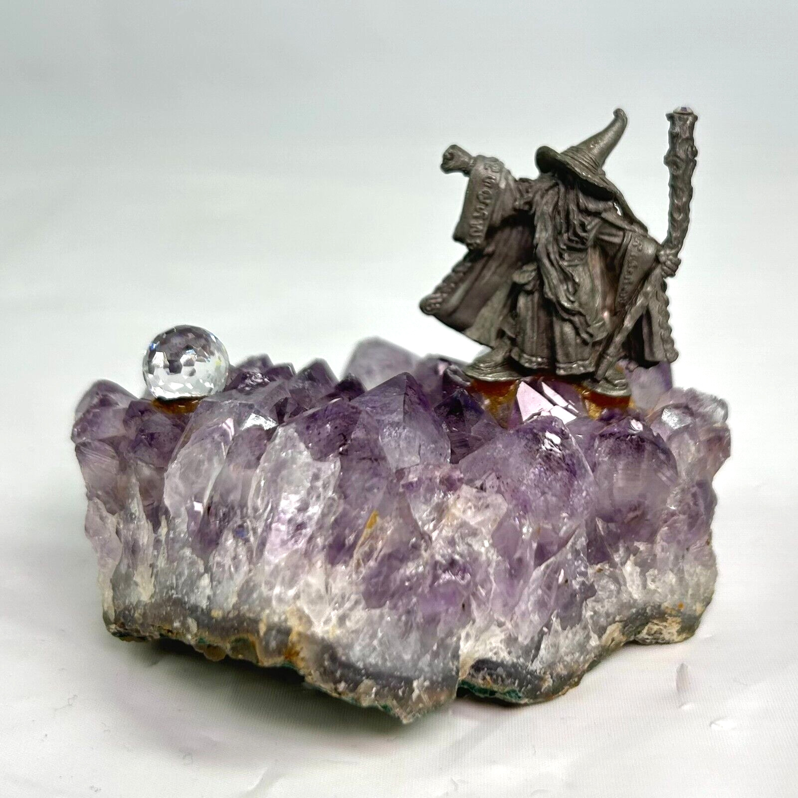 Vintage Pewter Wizard with Crystal on Staff Crystal Ball Amethyst Crystal Geode
