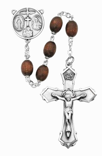 Rosaries Brown Wood Bead SILVER Center And Crucifix 6X 8mm Beads