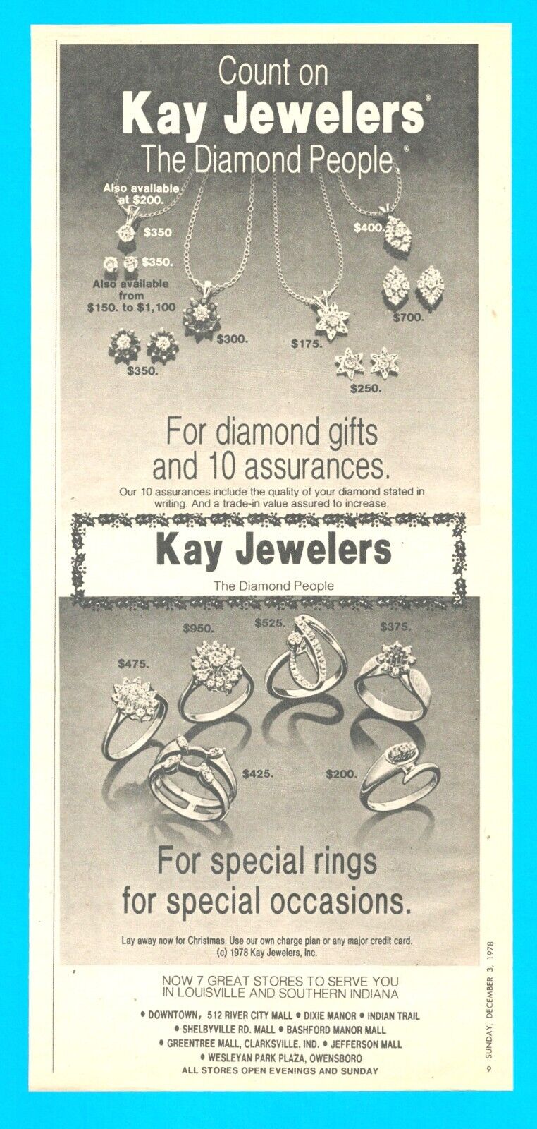 1978 KAY JEWELERS diamond ring vintage PRINT AD southern Indiana stores