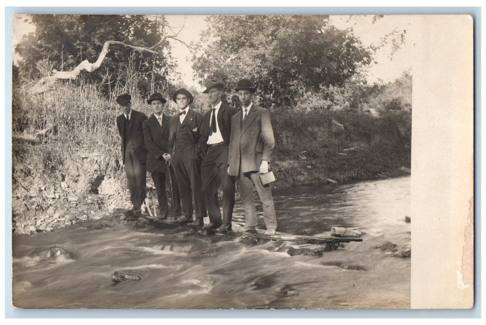 c1910\'s Candid Young Kids Men At The River Illinois Antique RPPC Photo Postcard