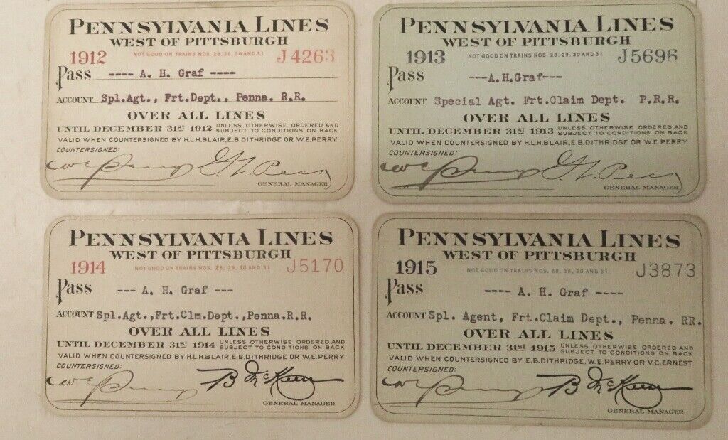FOUR VINTAGE 1912-15 PRR PENNSYLVANIA LINES WEST OF PITTSBURGH RR PASSES CLEAN