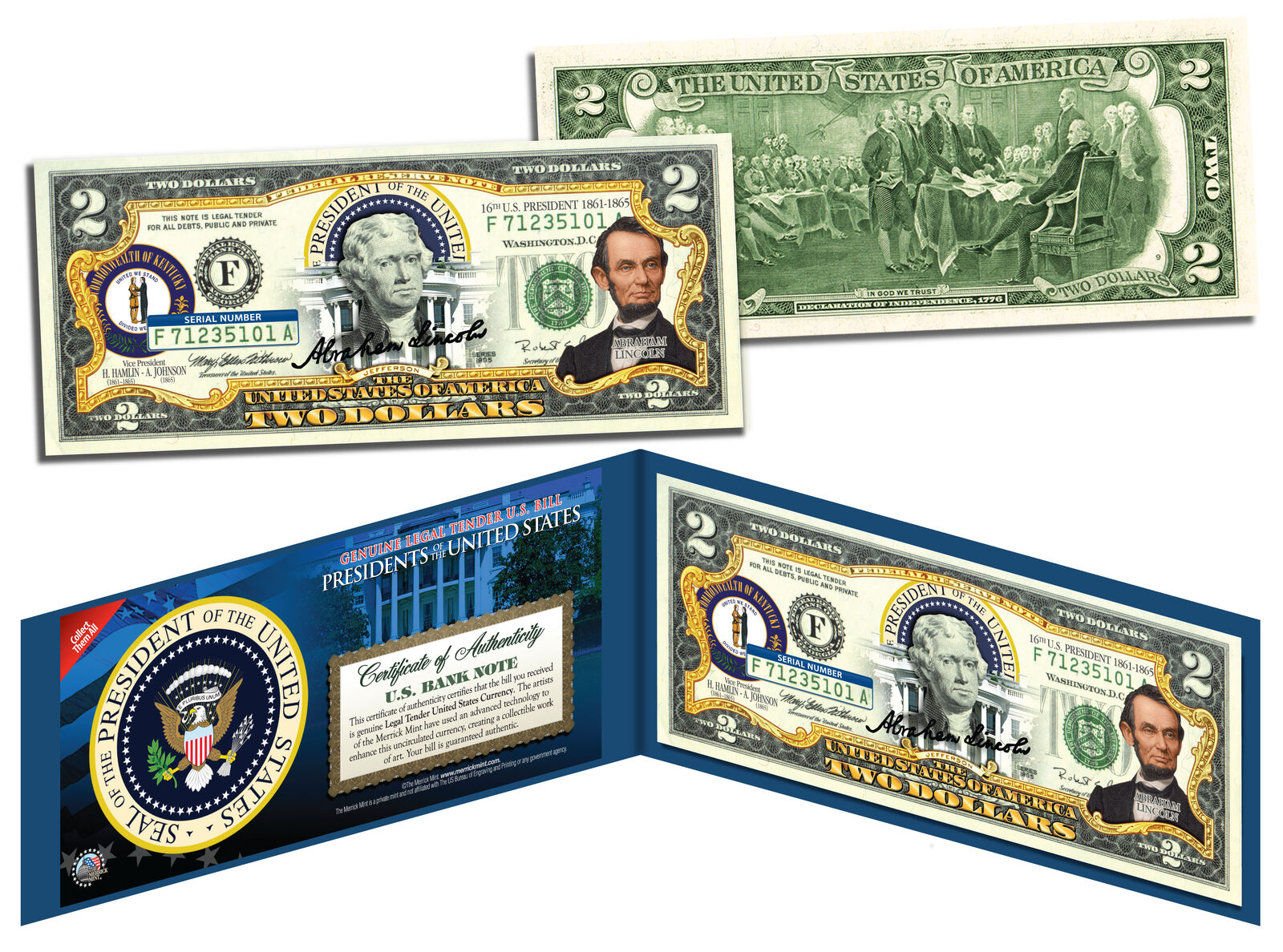 ABRAHAM LINCOLN * 16th U.S. President * Colorized $2 Bill - Genuine Legal Tender