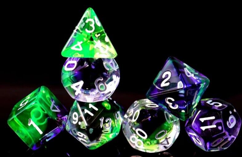 Galactic Dice Acrylic Sets - Clear Purple & Green Set of 7 Dice
