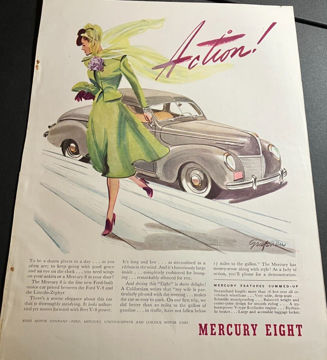 1930s Mercury 8 - Vintage Original Illustrated Color Print Ad / Wall Art