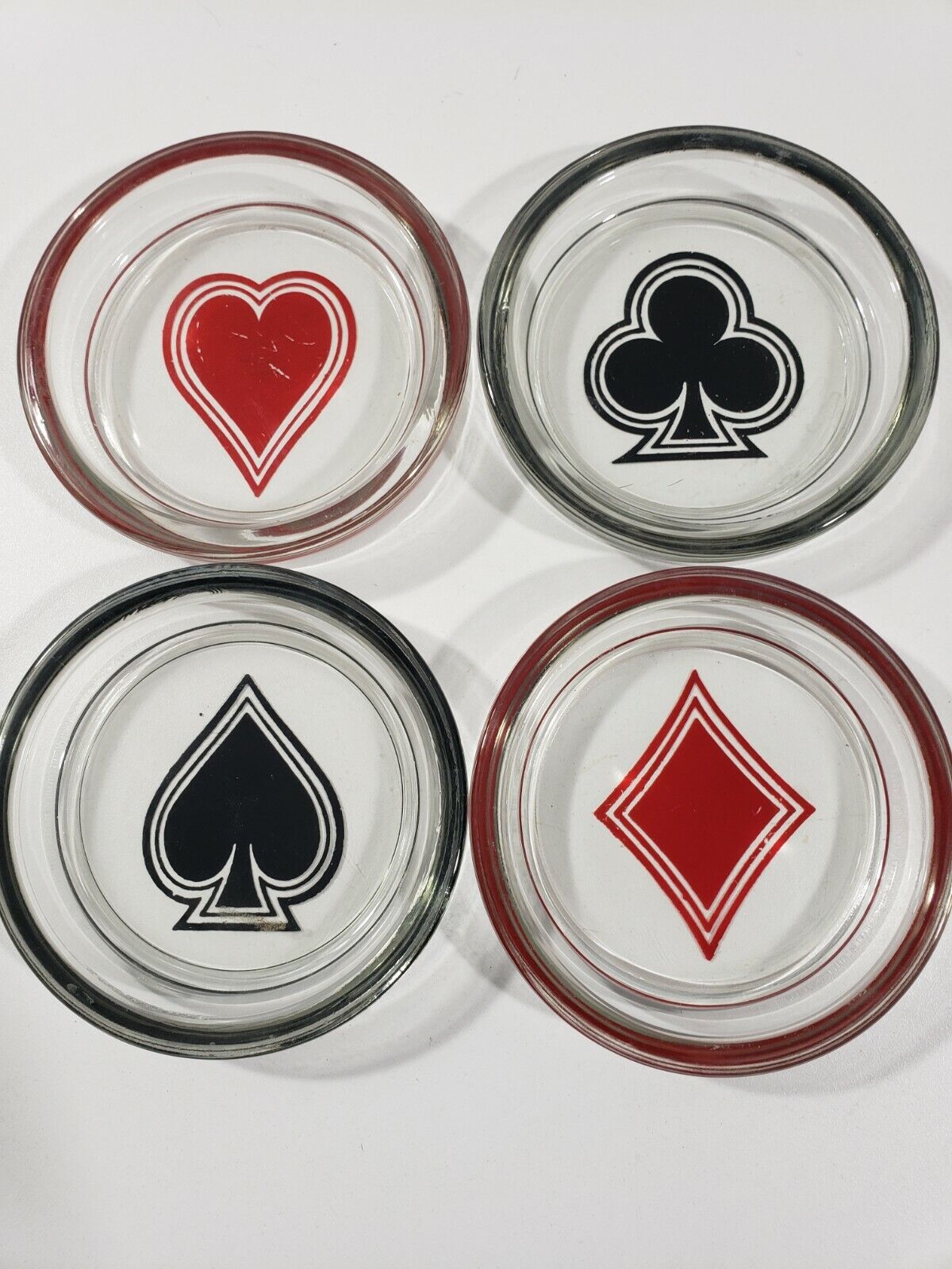 Vintage Set of 4 Coasters Clear Glass Card Suit Hearts Diamond Club 