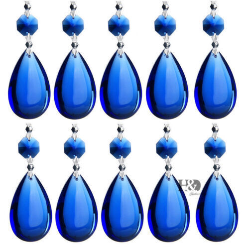 5PCS Blue Tear Drop Crystal Prisms Glass Lamp Chandelier Lighting Pendant 50mm--