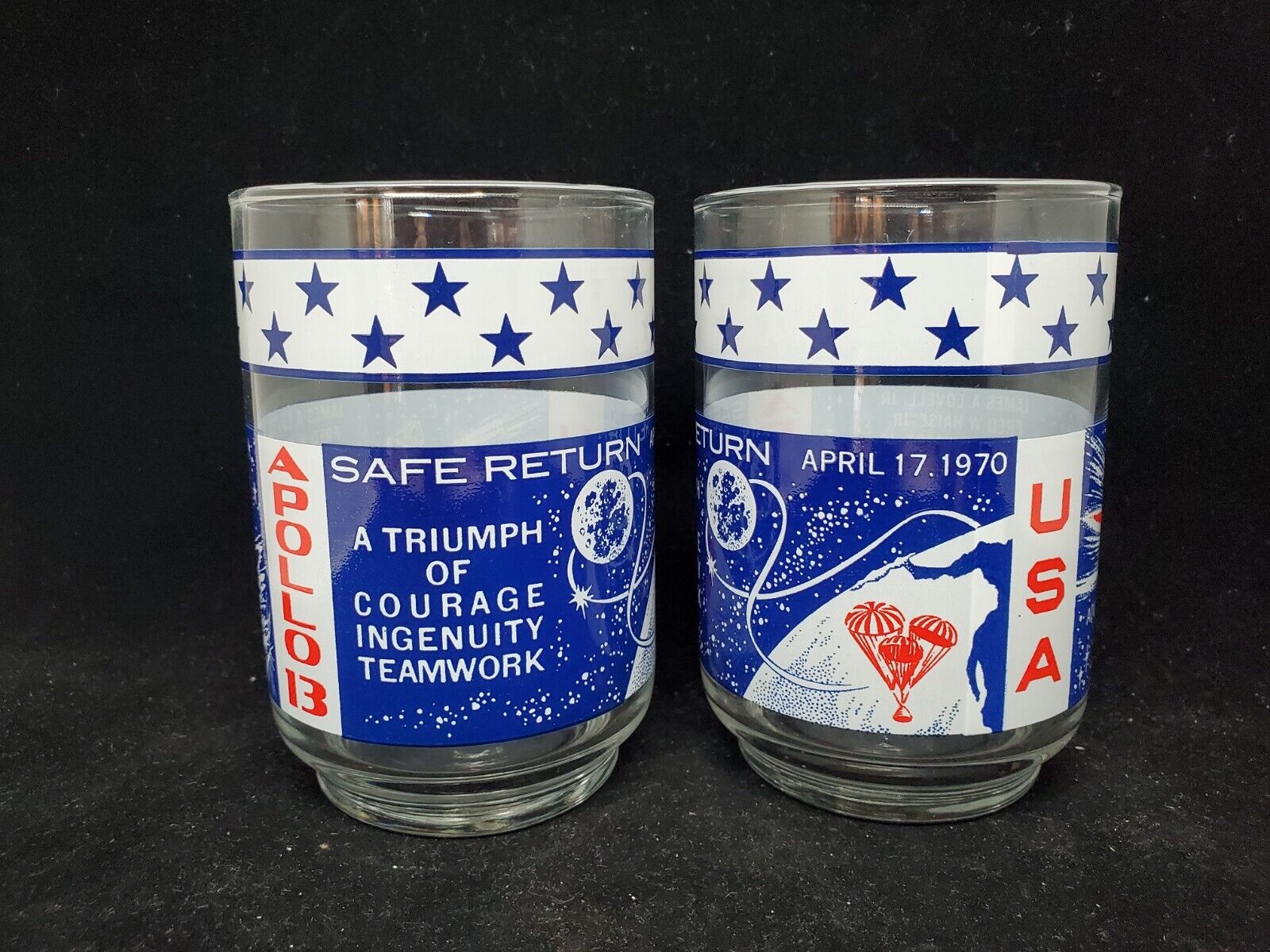 2 NASA APOLLO 13 GLASSES, Vintage & Historic Space Travel Collectible Glassware