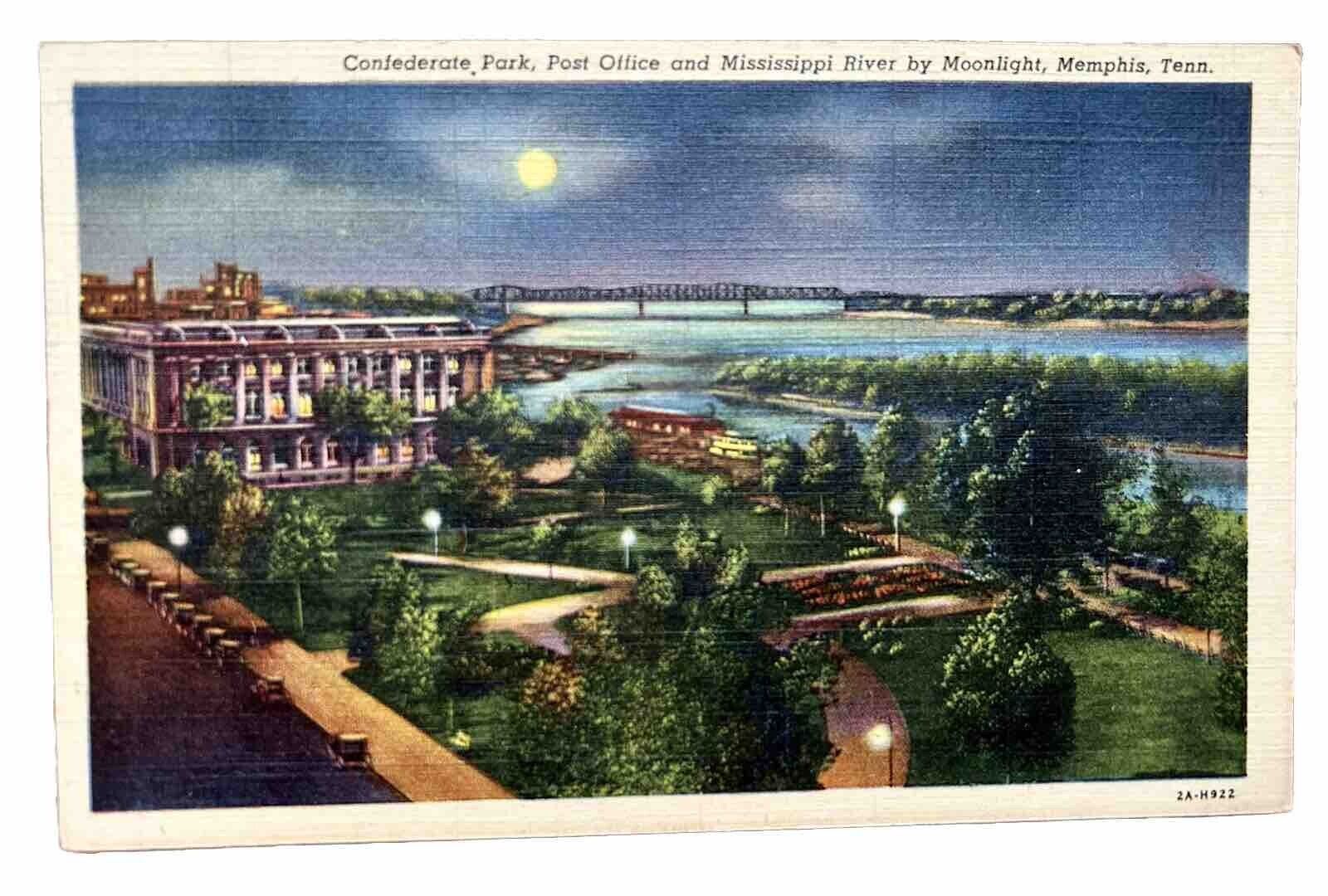 Post Office and Mississippi River by Moonlight. Memphis TN Linen Postcard