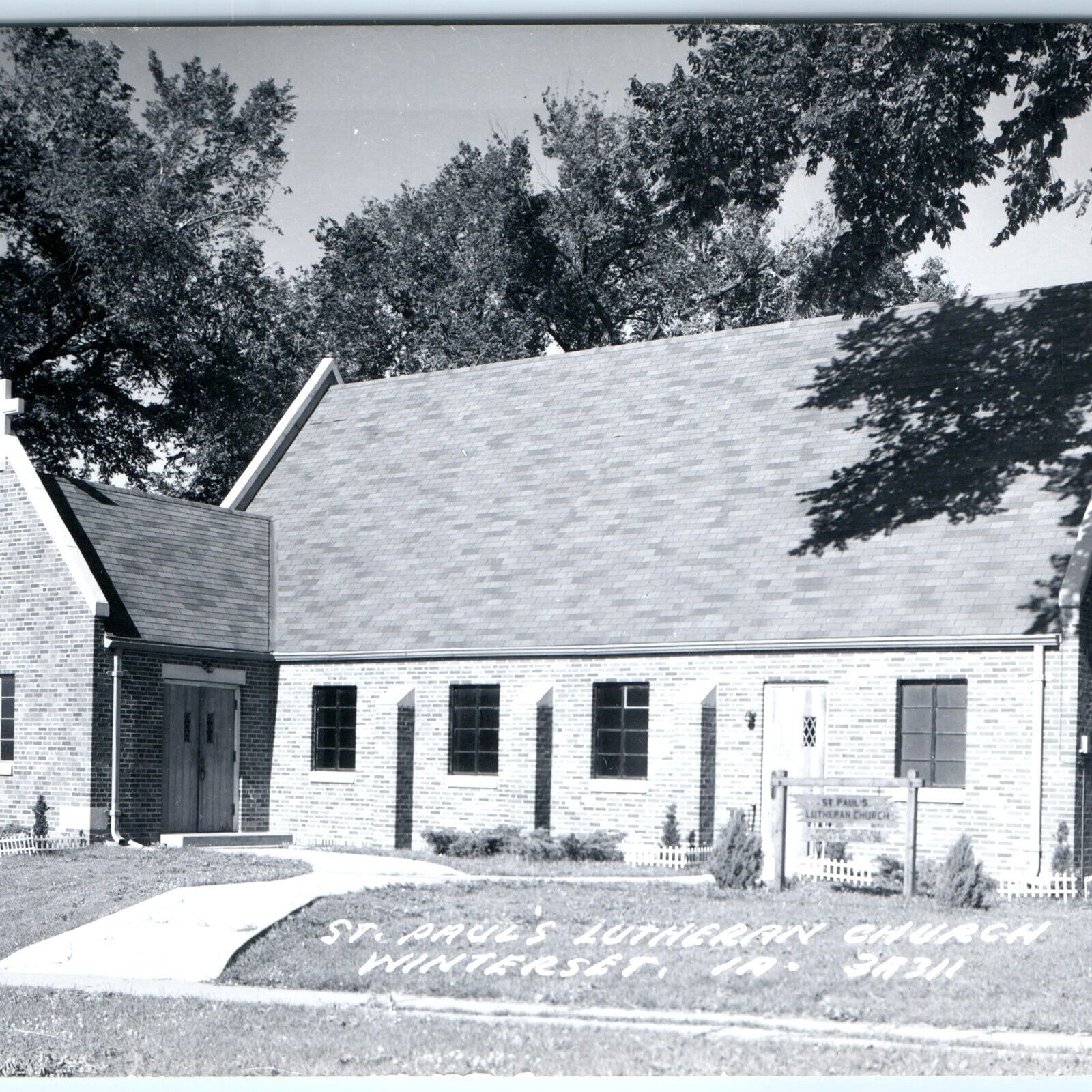 c1950s Winterset, IA RPPC St. Paul\'s Lutheran Church Brick Chapel Jesus PC A112