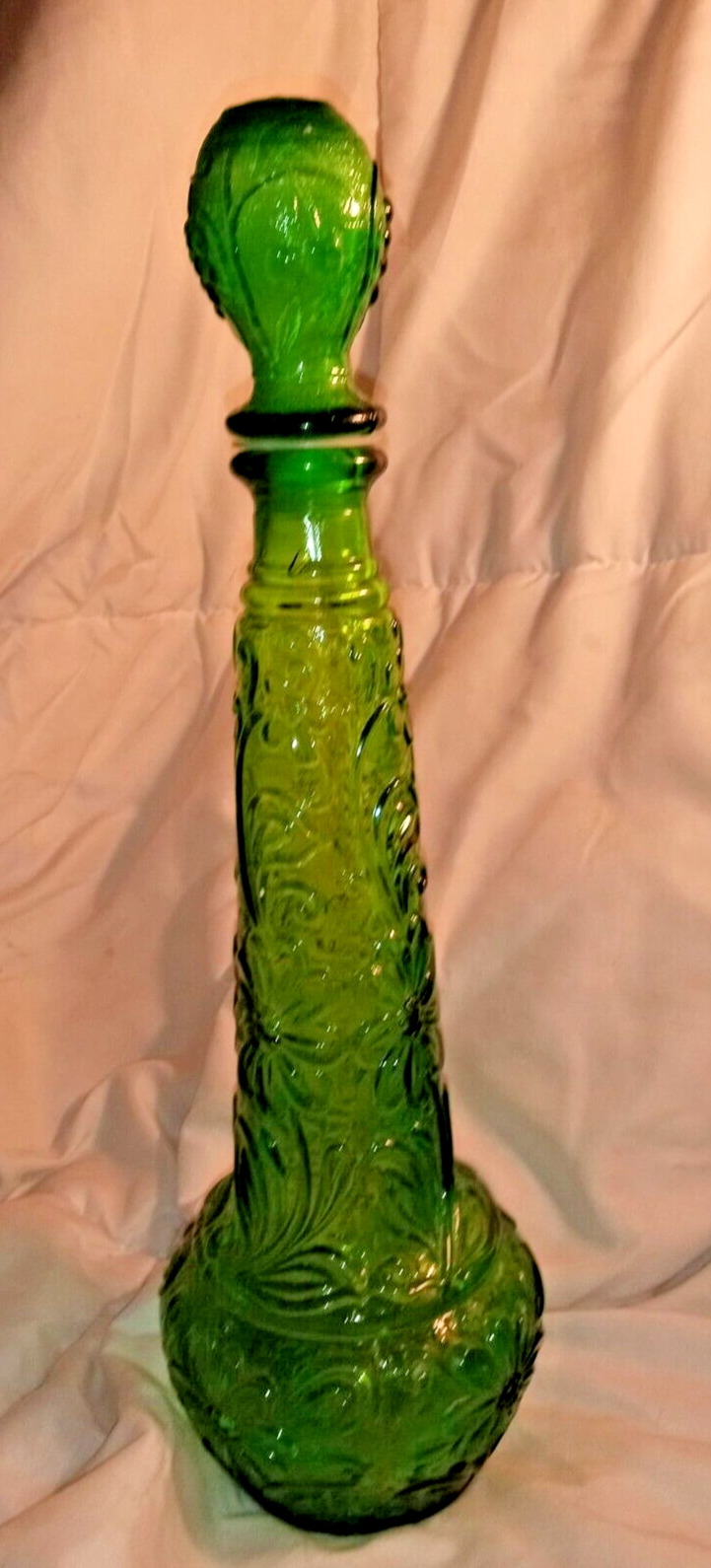 Vintage MCM Green Glass Genie Bottle With Stopper. Flower Pattern.