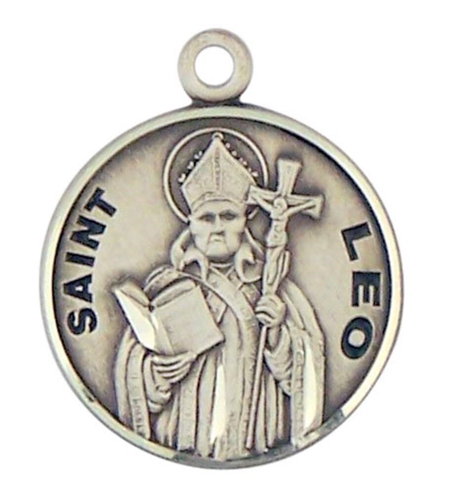 Patron Saint St Leo 7/8 Inch Sterling Silver Medal on Rhodium Plated Chain