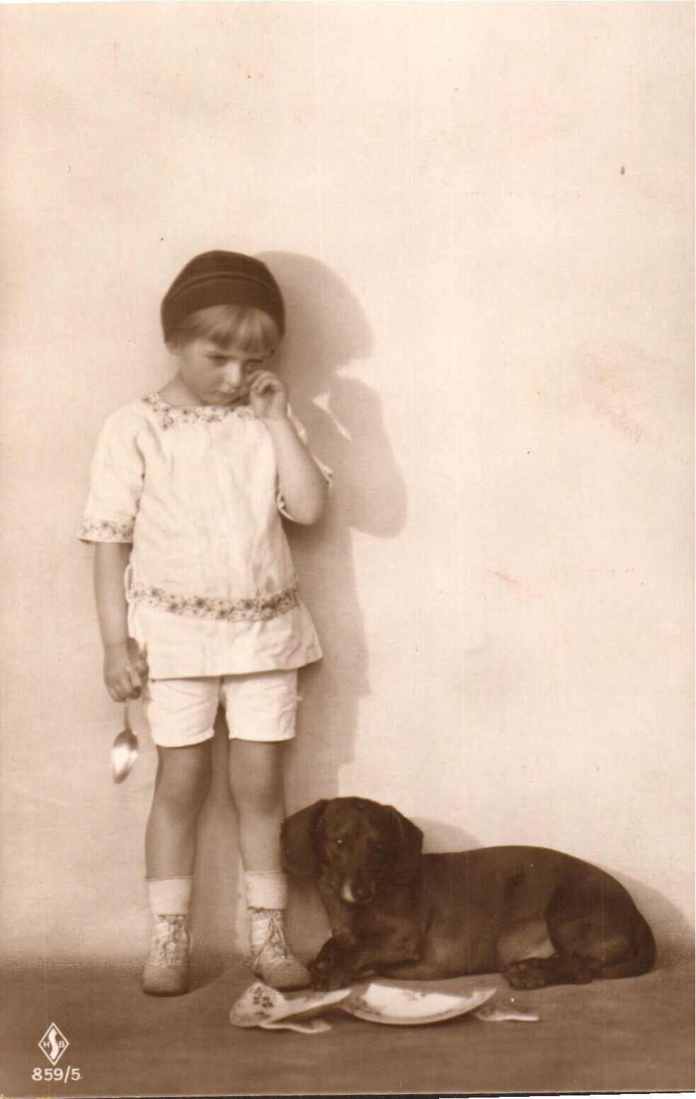 Postcard RPPC Child Dropping Dinner Plate As Dog Watches