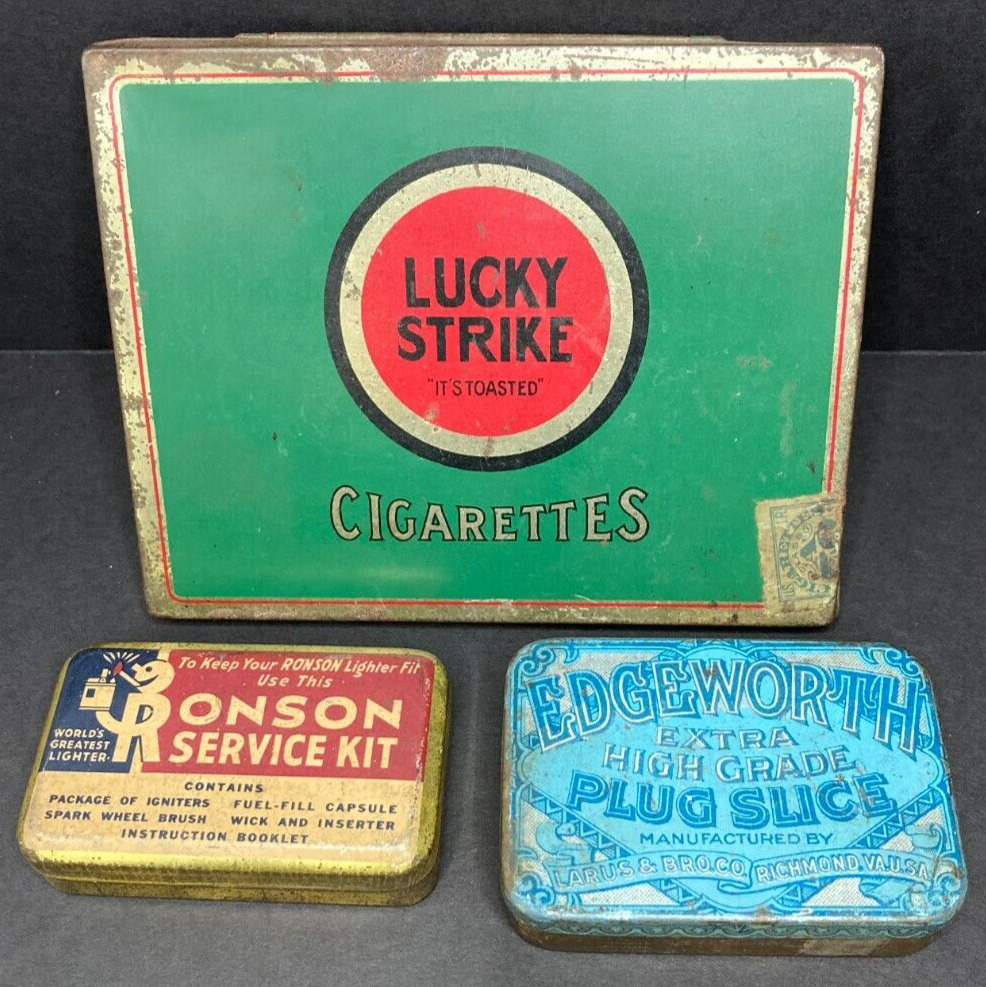 Antique Tobacciana Tin Lot Lucky Strike Robson Service Kit Edgeworth Plug Slice