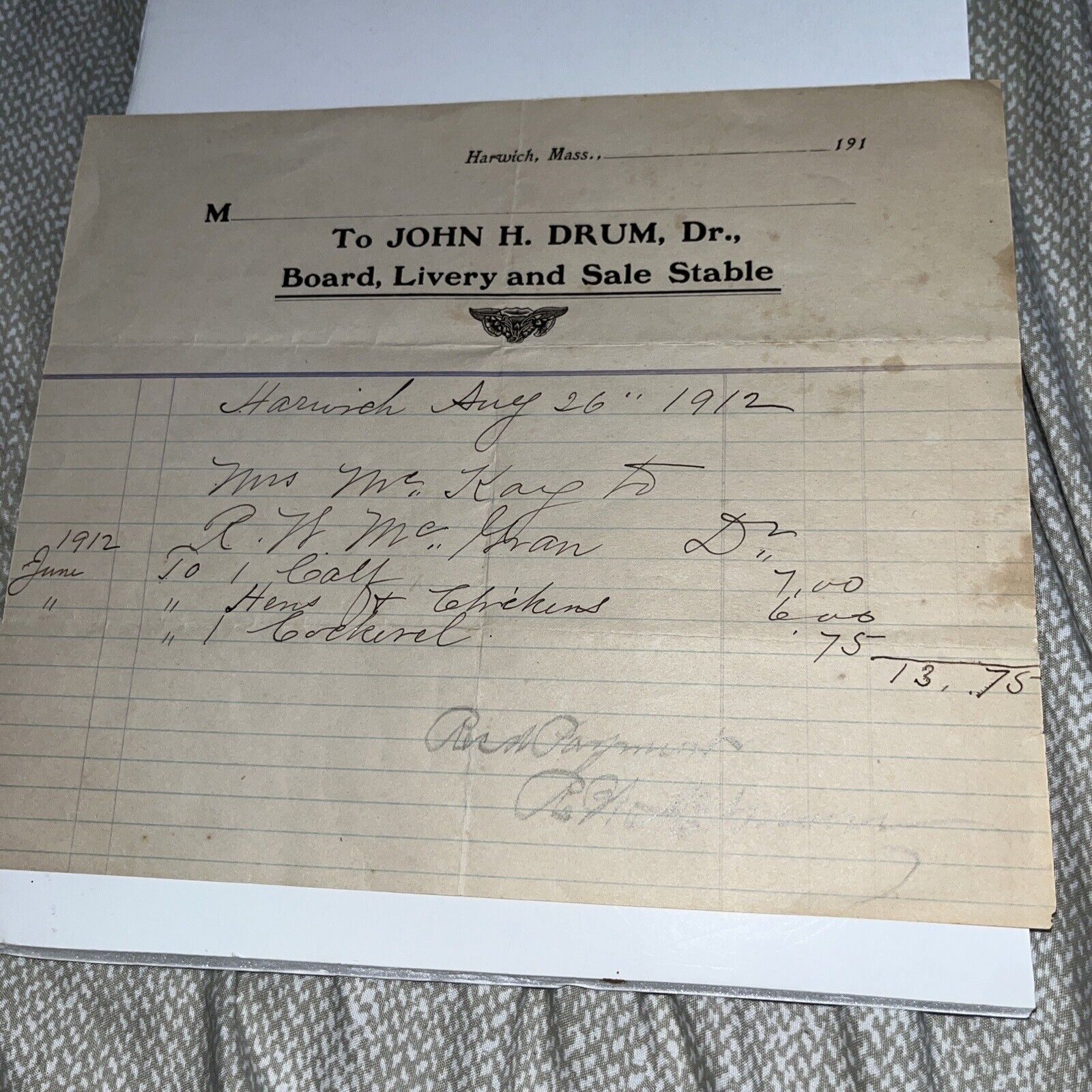 1912 John H Drum Letterhead Invoice: Harwich MA Board Livery & Stable Equestrian