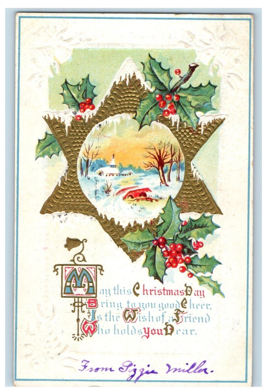 1914 Merry Christmas Greetings Snow Winter Church Holly Embossed Postcard