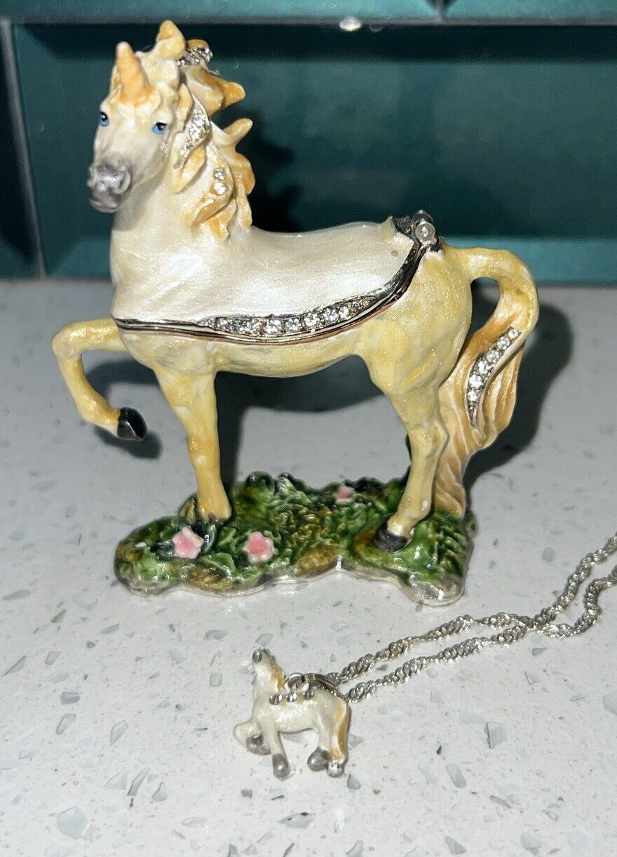 Stunning Unicorn  Rare Trinket Box Bejeweled Crystal with Matching Necklace