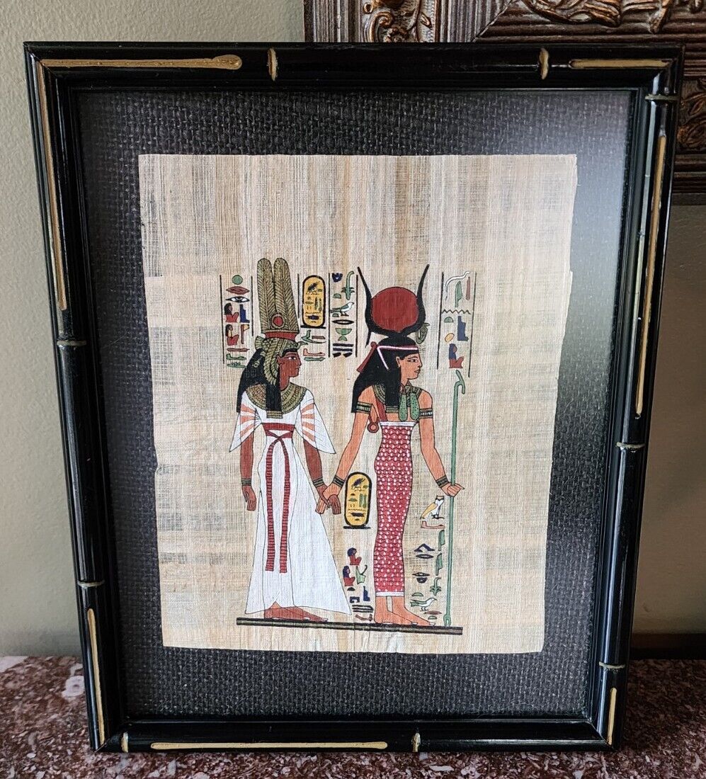 Vintage Hand Painted Papyrus Egypt Queen Nefertiti & Goddess Hathor Framed Art
