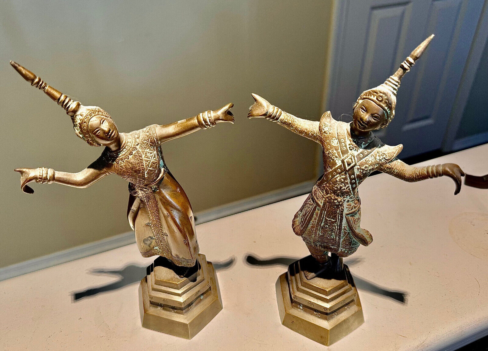 Antique Pair Thai Siamese Temple Dancers Bronze 10 Inches Vintage