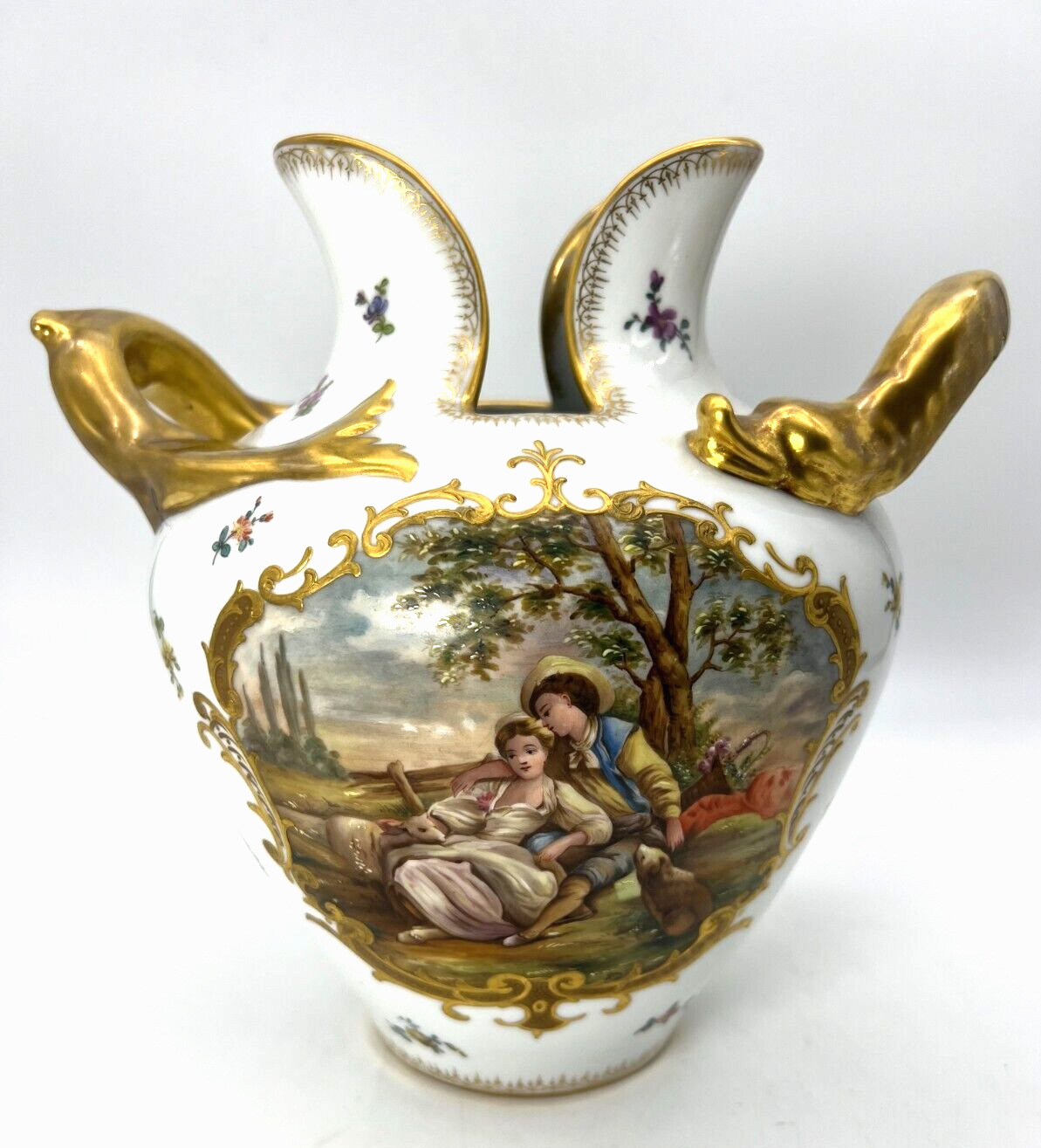 Antique Austrian Porcelain Vase Hand Painted Lovers w Dog Sheep Dolphin Handles