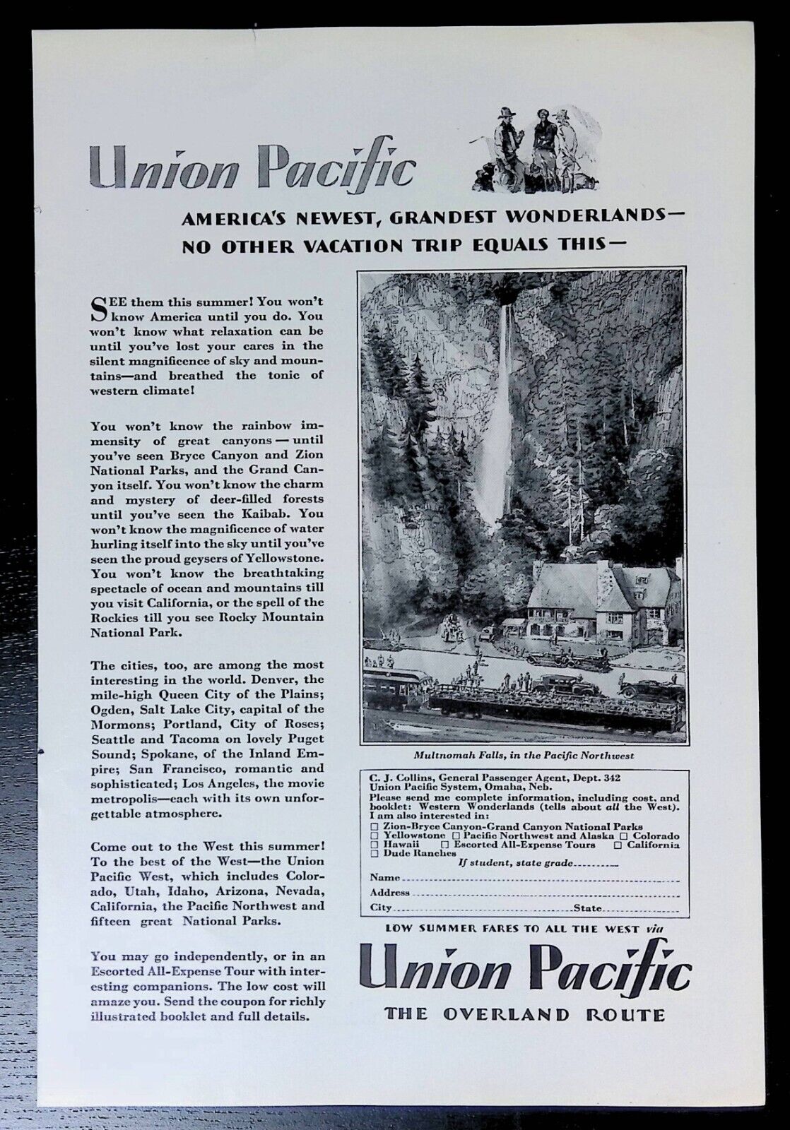Print Ad 1929 Union Pacific Overland Route Multnomah Falls Oregon Omaha Nebraska