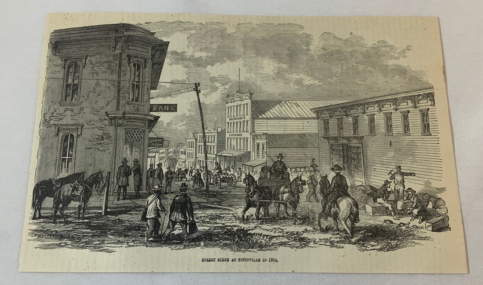 1876 magazine engraving~ STREET SCENE AT TITUSVILLE Pennsylvania in 1864