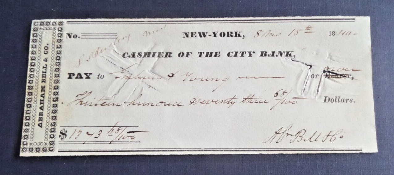 1840 Bank Check Cashier of the City Bank NY Embury & Young