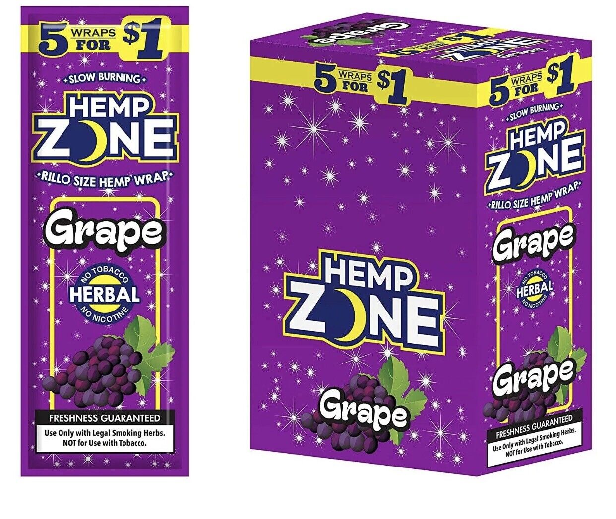 H. Zone Organic Natural Herbal Wrap GRAPE Full Box 15/5CT - 75 Wraps Total