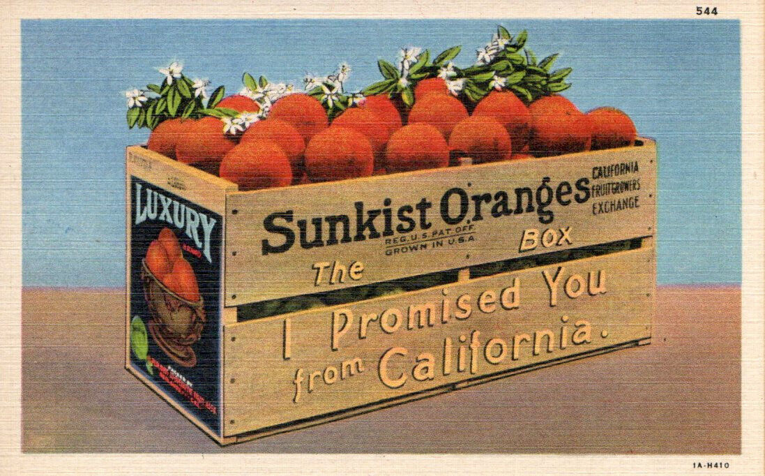 VTG 1930 ADVERTISING PC SUNKIST ORANGES IN CRATE FROM CALIFORIA A LUXURY ITEM