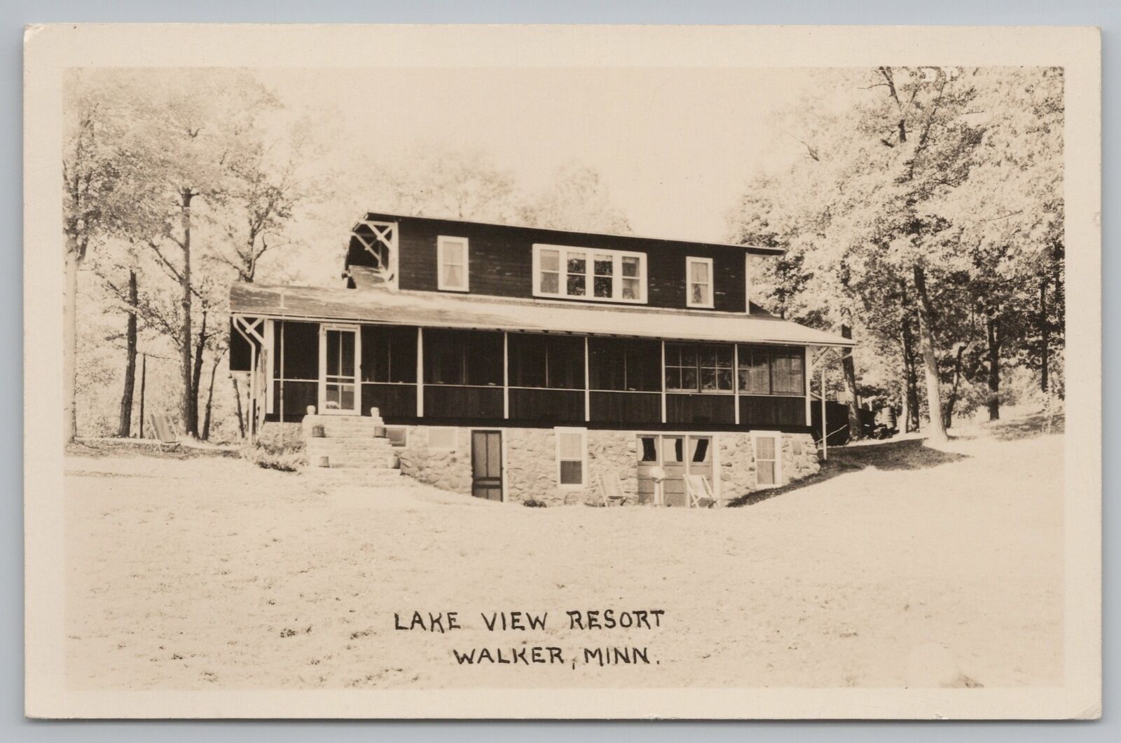 Walker MN~Lake View Resort Lodge~Long Screened Porch~Chrome Ball~1940s RPPC