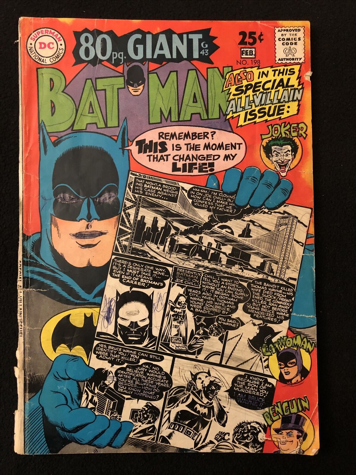 BATMAN 198 1.5 3/4 SPINE SPLIT WRITING ON BATMAN JOKER 1968 DC MO