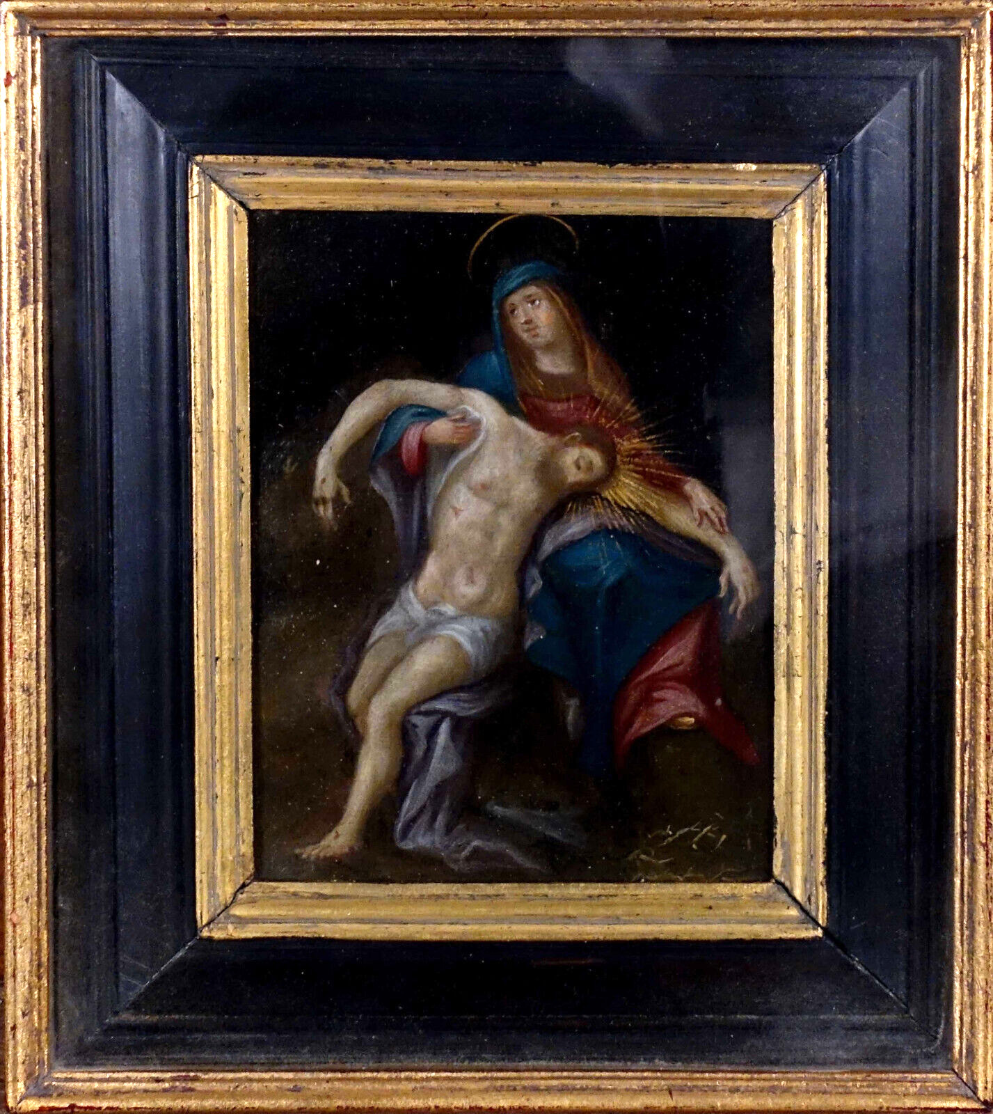Antique Flemish school oil copper Pieta MAdonna jesus painting 19thc religious