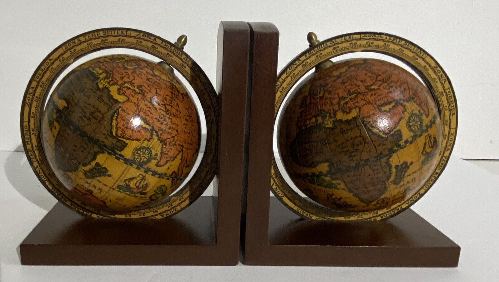 Old World Globe Rotating Sphere Wooden Bookends Made in Italy Set of 2 1970s