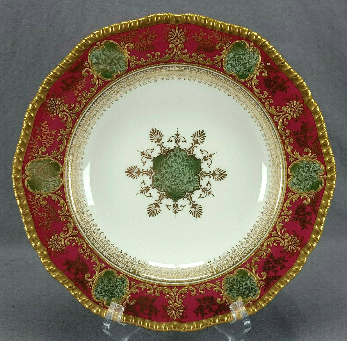 Coalport Red Green Raised Beaded Gold Floral Scrollwork 10 1/4 Inch Deep Plate D