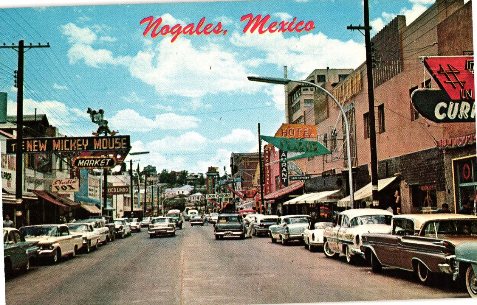 Nogales Mexico Street View Cars Shops Chrome Unposted Postcard 1950s
