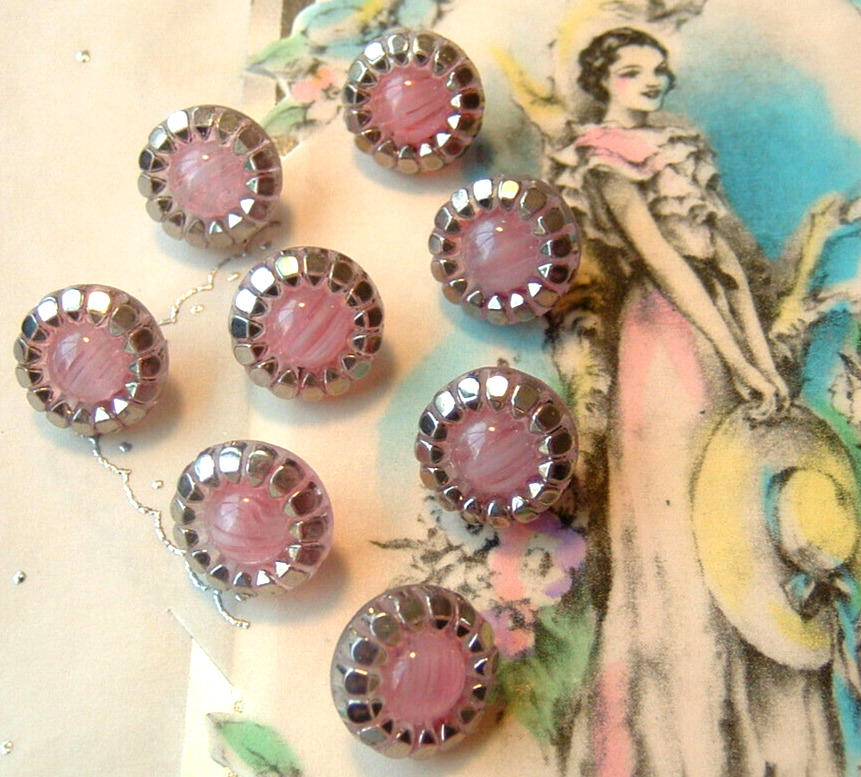 Set of 8 Vintage Small Pink Striped Givre Glass Buttons Silver Luster Facet Rim
